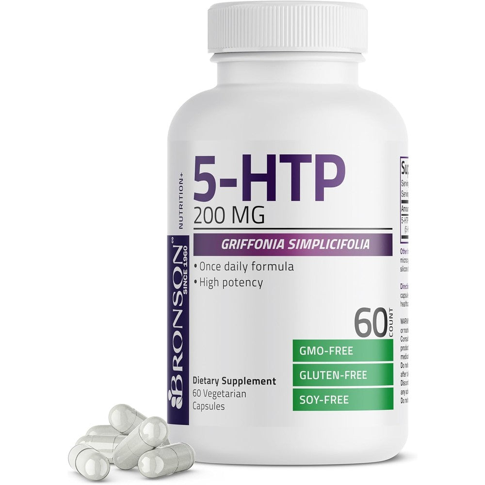 Bronson 5-HTP 200mg 60 Vegetarian Capsules front bottle view for mood support.