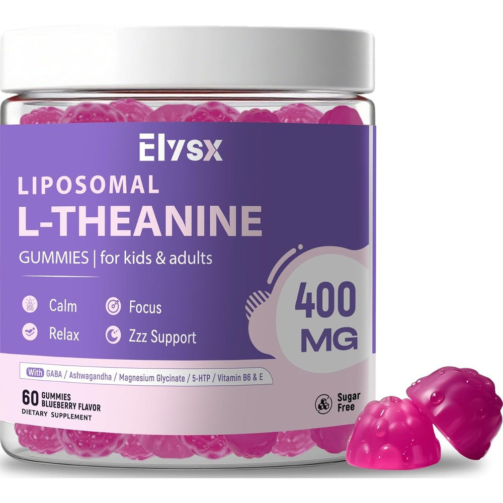 Elysx Liposomal L-Theanine Gummies front bottle view for stress relief.
