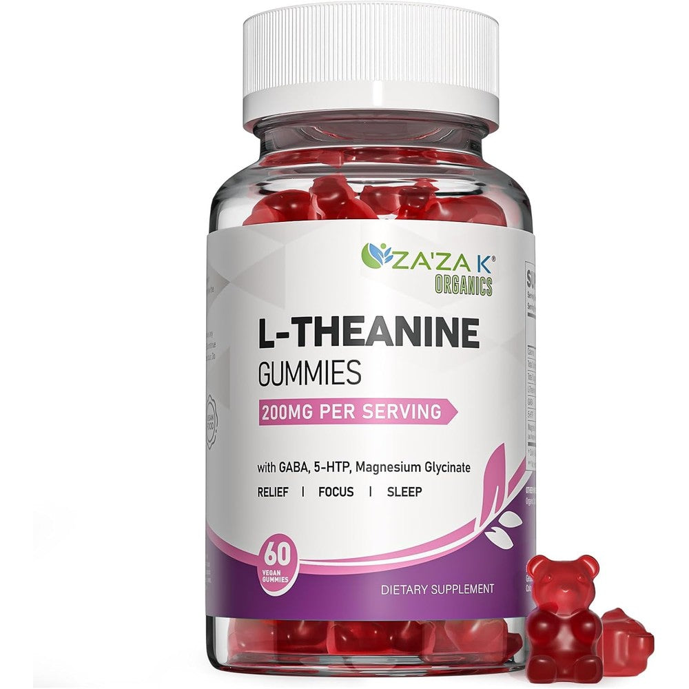 Za'za K Organics L-Theanine 200mg Gummies front bottle view for stress relief.