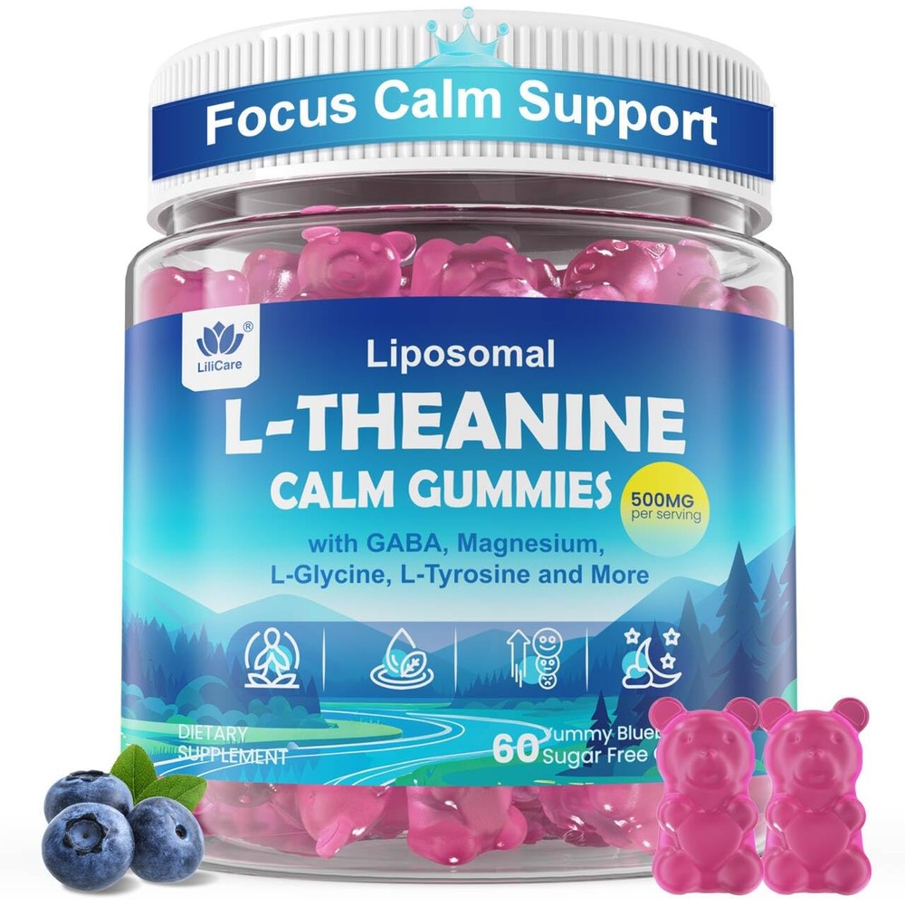 Lilicare L-Theanine Calm Gummies 500mg front bottle view for stress relief.