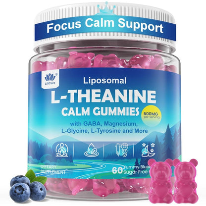 Lilicare L-Theanine Calm Gummies 500mg front bottle view for stress relief.