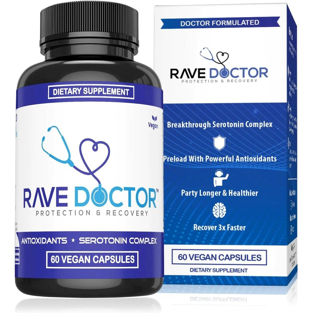 Rave Doctor 5 HTP Supplement front bottle view for festival recovery