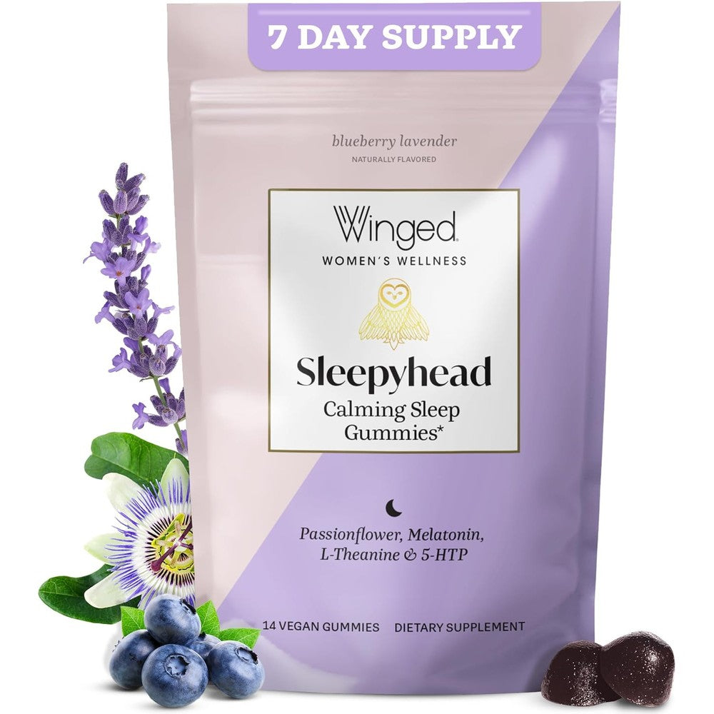 Winged Wellness Sleepyhead Natural Sleep Gummies front pouch view for women's rest.
