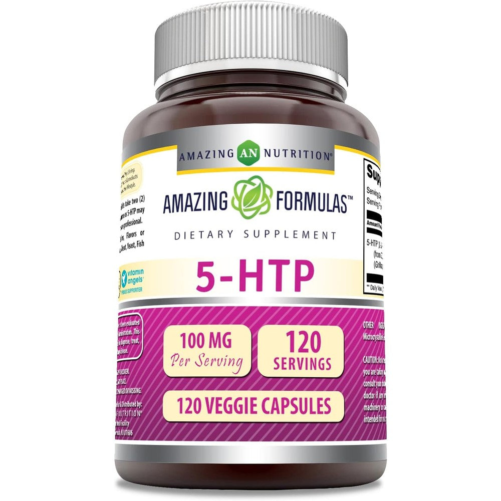 Amazing Nutrition 5-HTP 100 mg bottle front view for mood support.