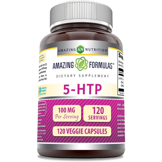 Amazing Nutrition 5-HTP 100 mg bottle front view for mood support.
