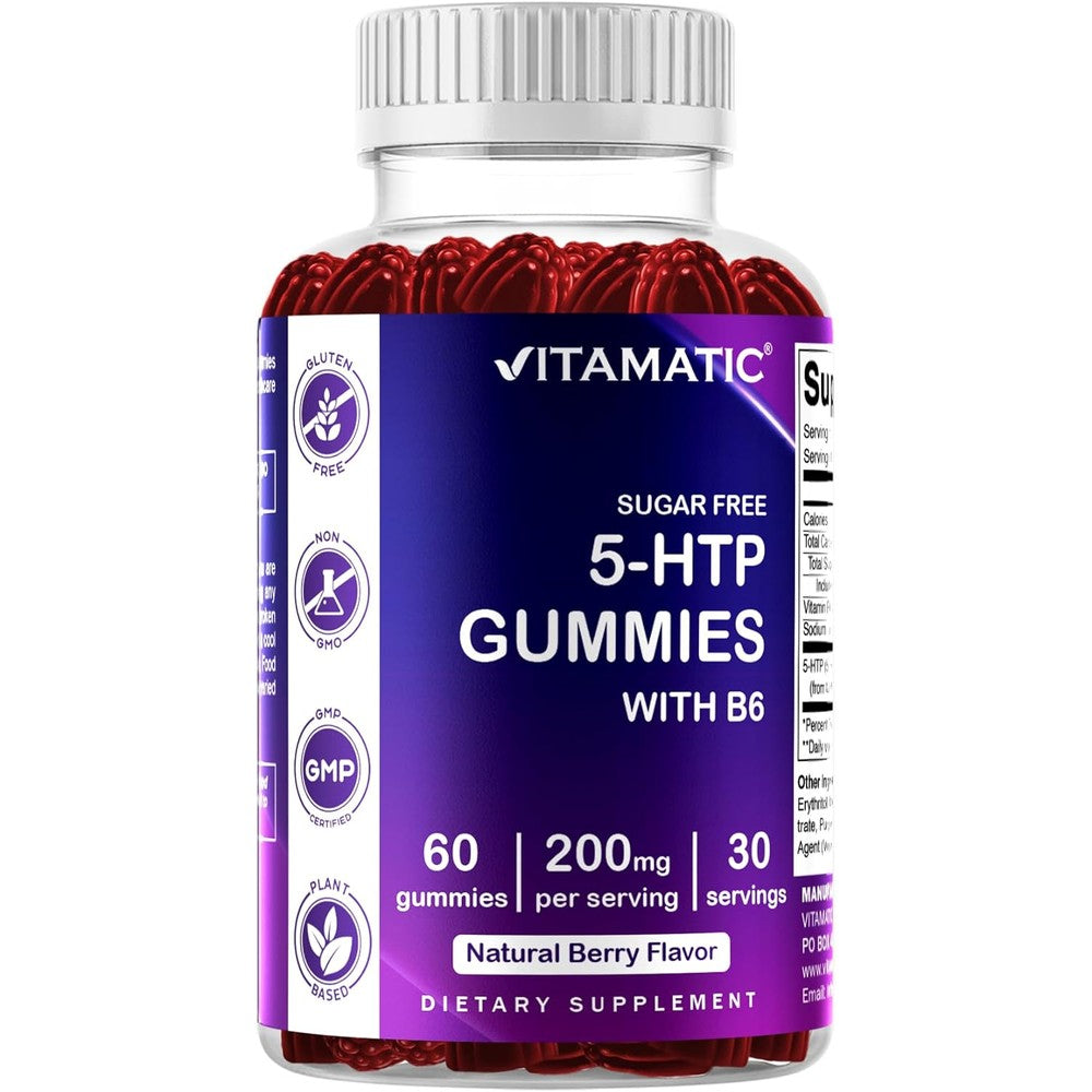 Vitamatic Sugar Free 5-HTP 200mg Gummies front bottle view for mood support.