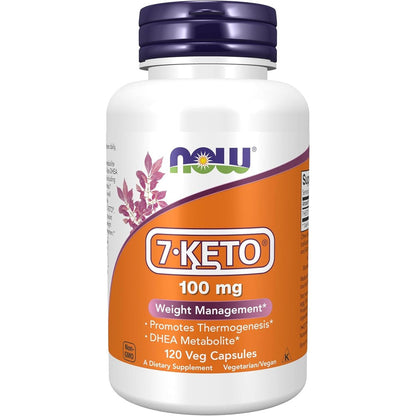 Now Foods 7 Keto DHEA Acetate 100 Milligrams bottle front view showing weight management support benefits