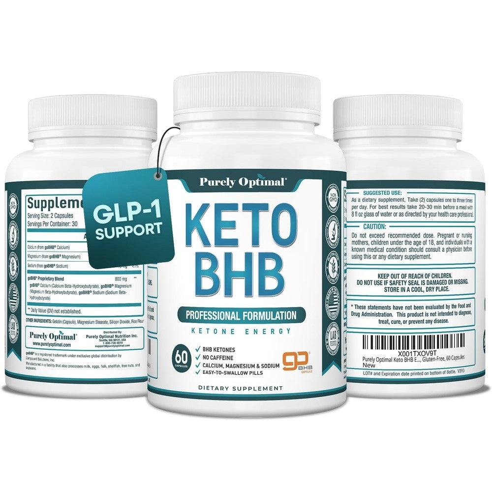 Purely Optimal Keto BHB 60 capsules front view showing exogenous ketone supplement packaging