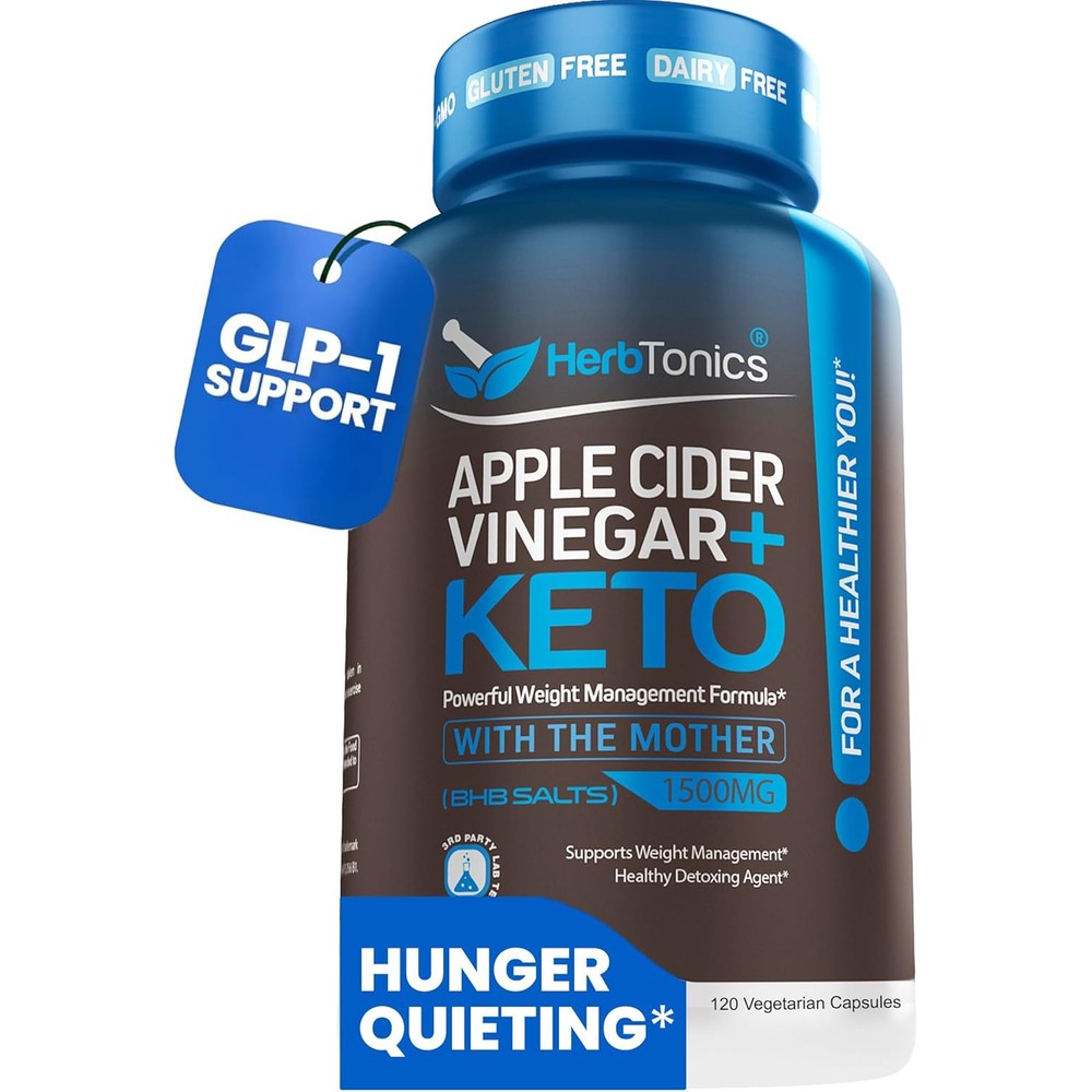 Herbtonics Apple Cider Vinegar Keto BHB 120 Capsules front view showcasing packaging details