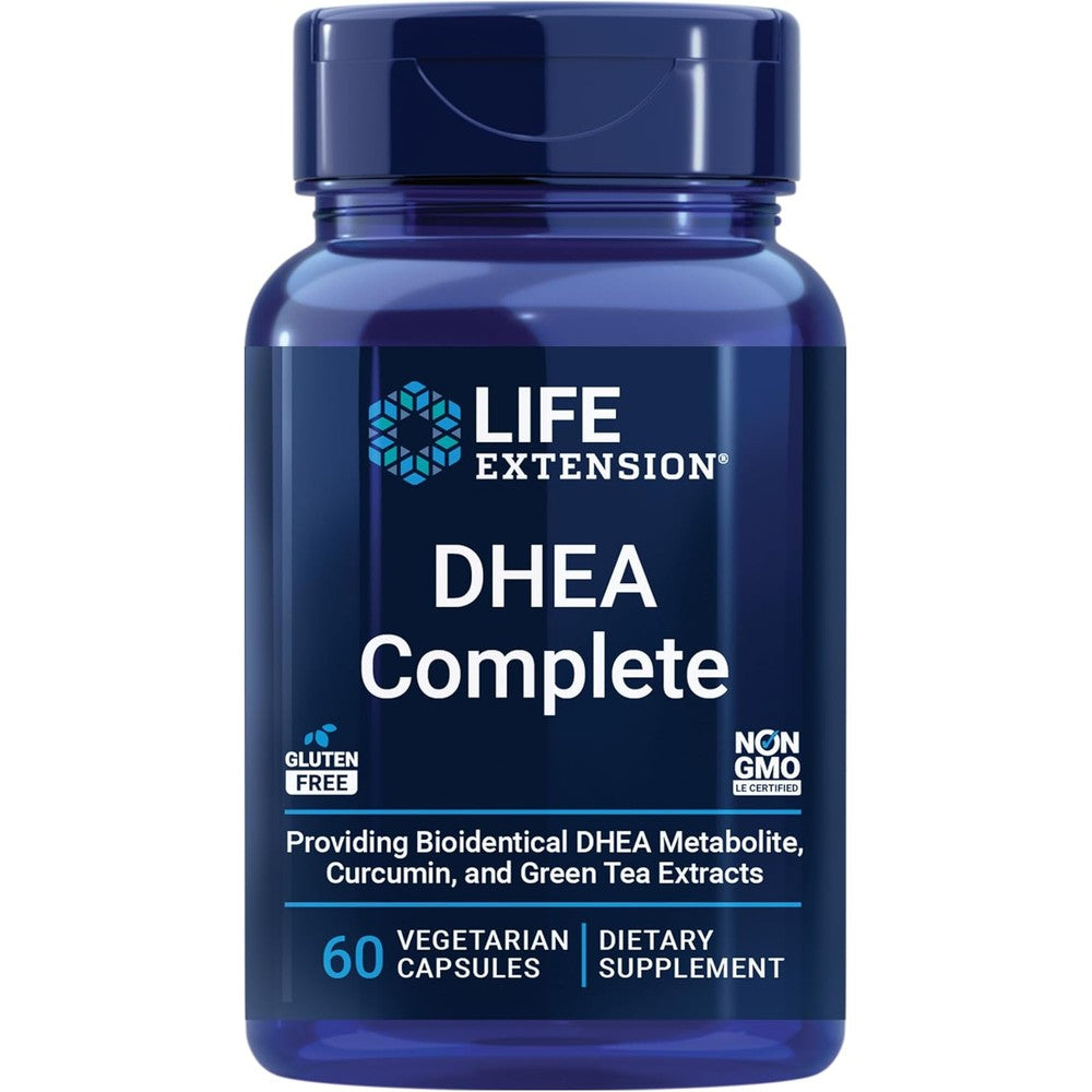 Life Extension DHEA Complete 60 vegetarian capsules front view bottle on white background