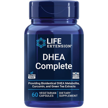 Life Extension DHEA Complete 60 vegetarian capsules front view bottle on white background