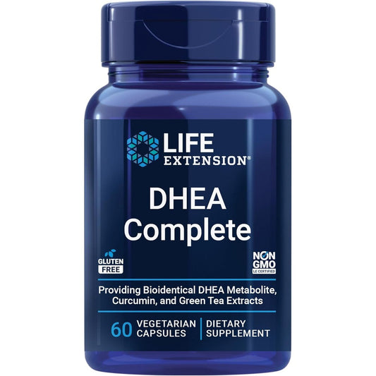 Life Extension DHEA Complete 60 vegetarian capsules front view bottle on white background