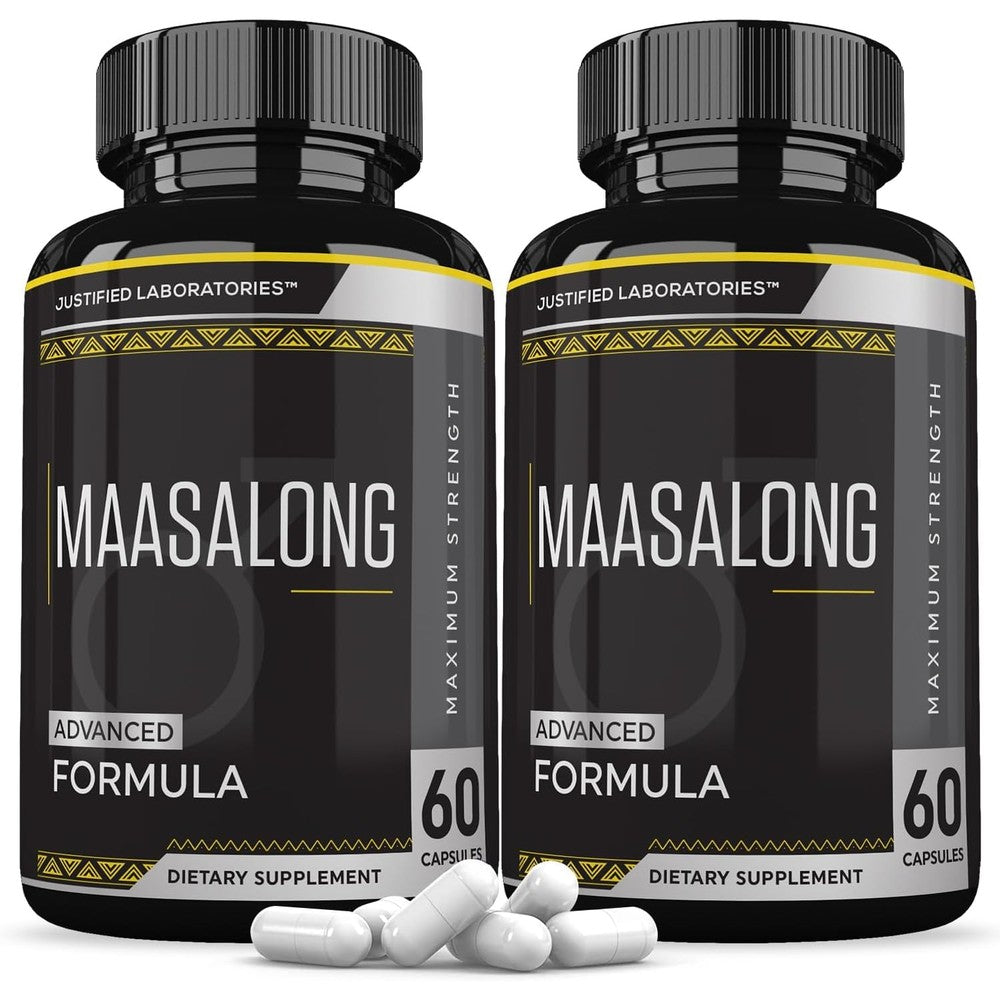 Justified Laboratories Maasalong Men's Health Formula two pack bottles front view for stamina support
