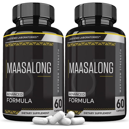 Justified Laboratories Maasalong Men's Health Formula two pack bottles front view for stamina support