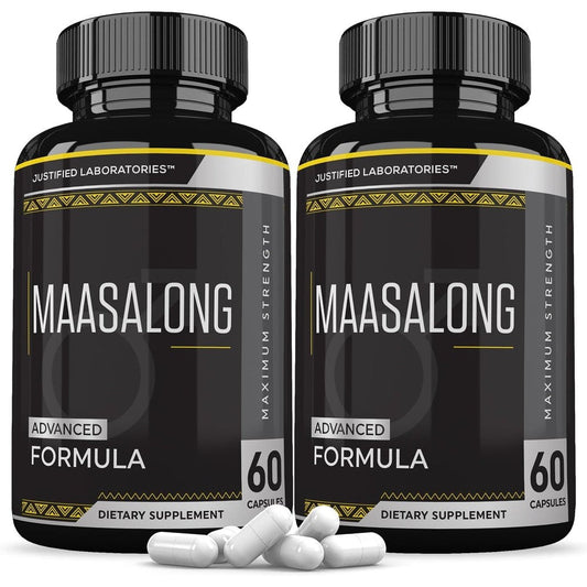 Justified Laboratories Maasalong Men's Health Formula two pack bottles front view for stamina support
