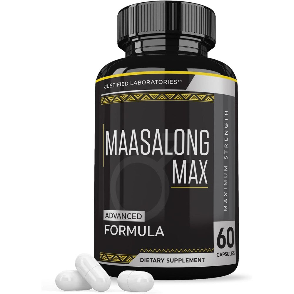 Justified Laboratories Maasalong Max 1600mg Men's Formula 60 Capsules front view showing authentic imported packaging.