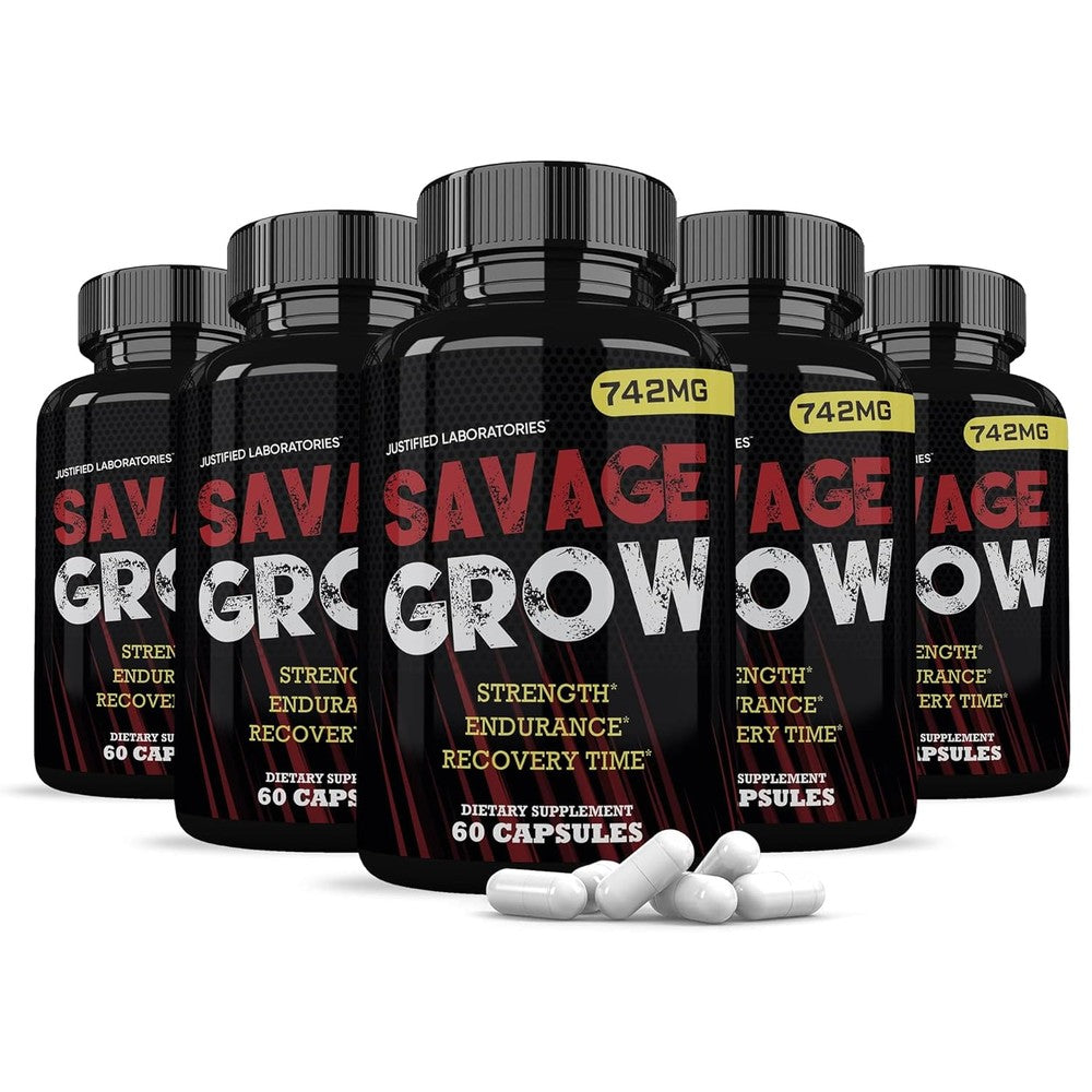 Justified Laboratories Savage Grow 742mg Men's Health Formula front view capsule bottle.