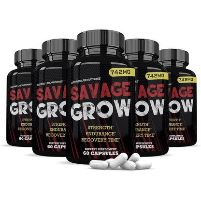 Justified Laboratories Savage Grow 742mg Men's Health Formula front view capsule bottle.
