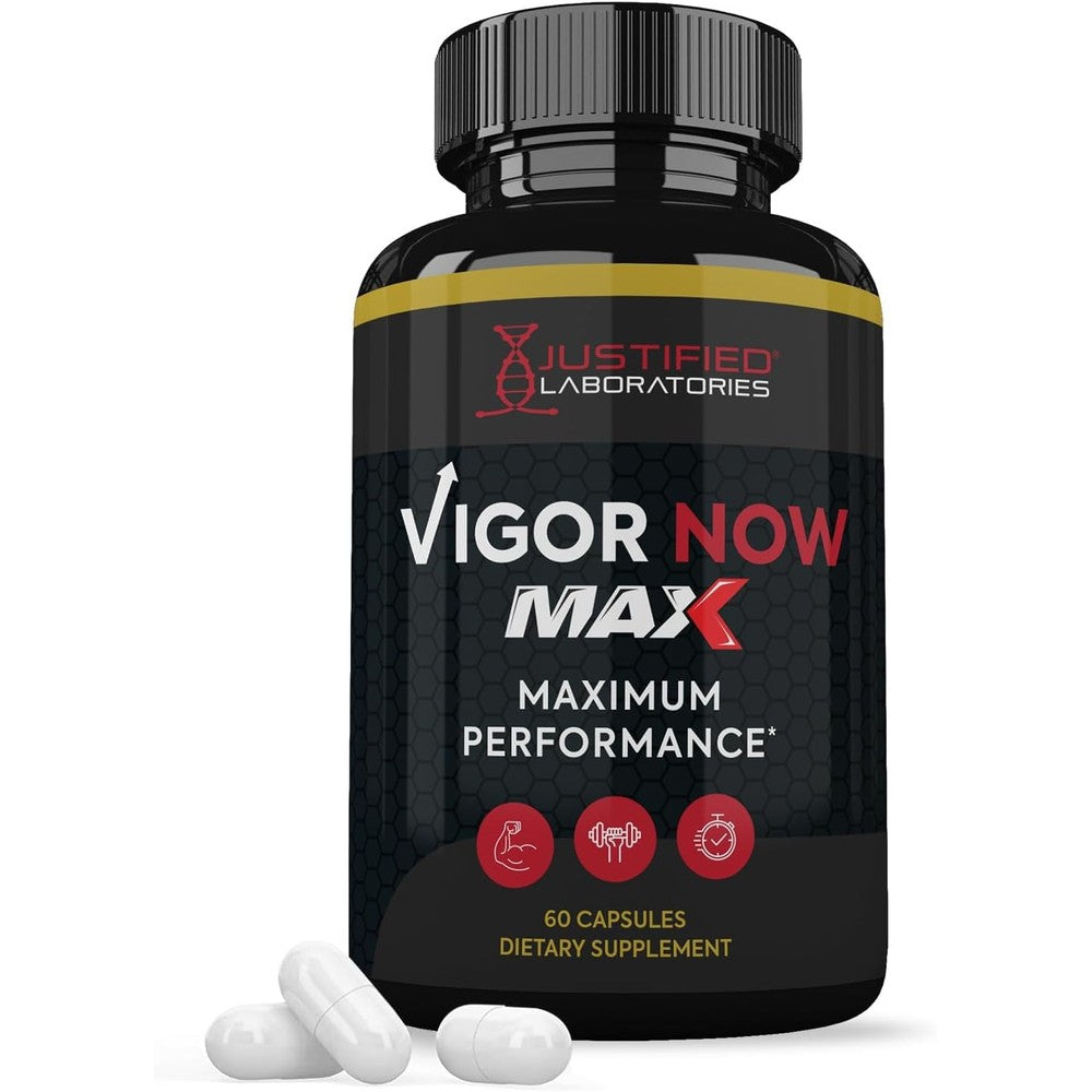 Justified Laboratories Vigor Now Max 1600 Milligram bottle front view showing authentic imported mens health supplement.