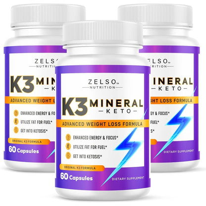 Zelso K3 Mineral Keto weight loss capsules front view bottle packaging