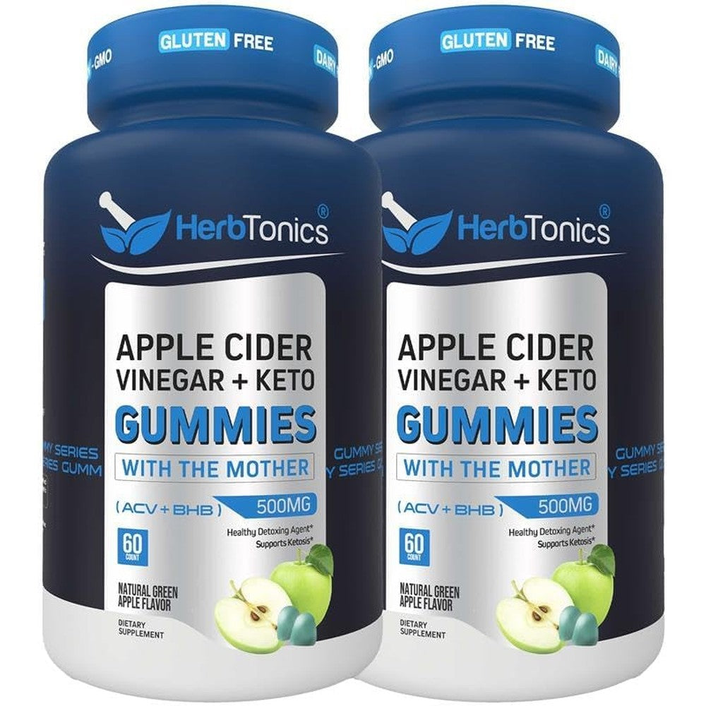 Herbtonics Keto Apple Cider Vinegar 120 Gummies front view bottle showing green apple flavor text