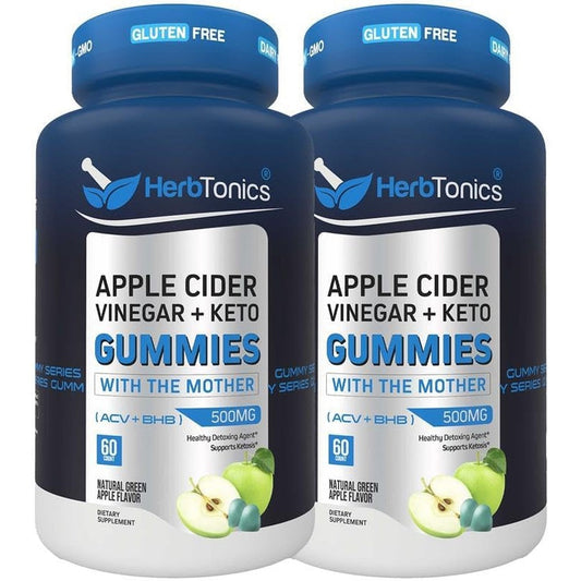 Herbtonics Keto Apple Cider Vinegar 120 Gummies front view bottle showing green apple flavor text