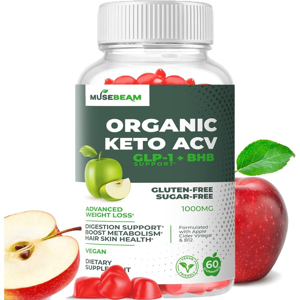 MuseBeam Organic Keto ACV Gummies front view bottle showcasing weight loss support benefits