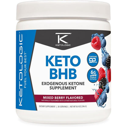 Ketologic Keto BHB Exogenous Ketone Supplement front view of Patriot Pop flavor container showing product details.