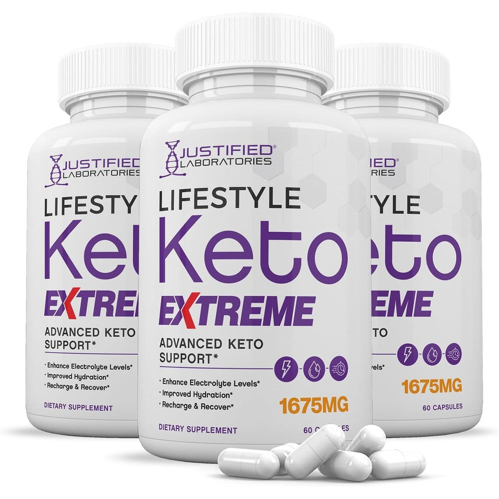 Justified Laboratories Lifestyle Extreme Keto Pills three pack front view showcasing advanced formula benefits