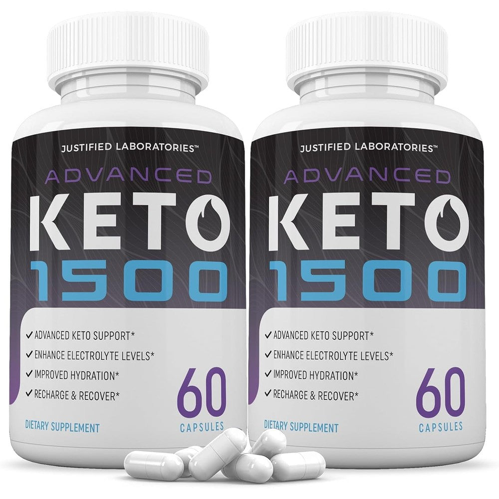 Justified Laboratories Advanced Keto 1500 front view showing the dual pack supplement bottles.