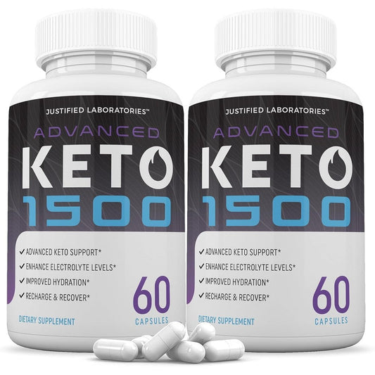 Justified Laboratories Advanced Keto 1500 front view showing the dual pack supplement bottles.