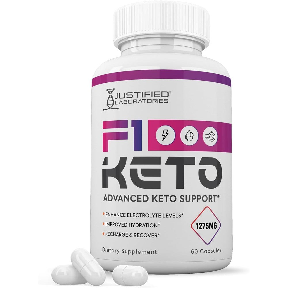 Justified Laboratories F1 Keto 1275MG 60 Capsules front view bottle for ketogenic lifestyle support