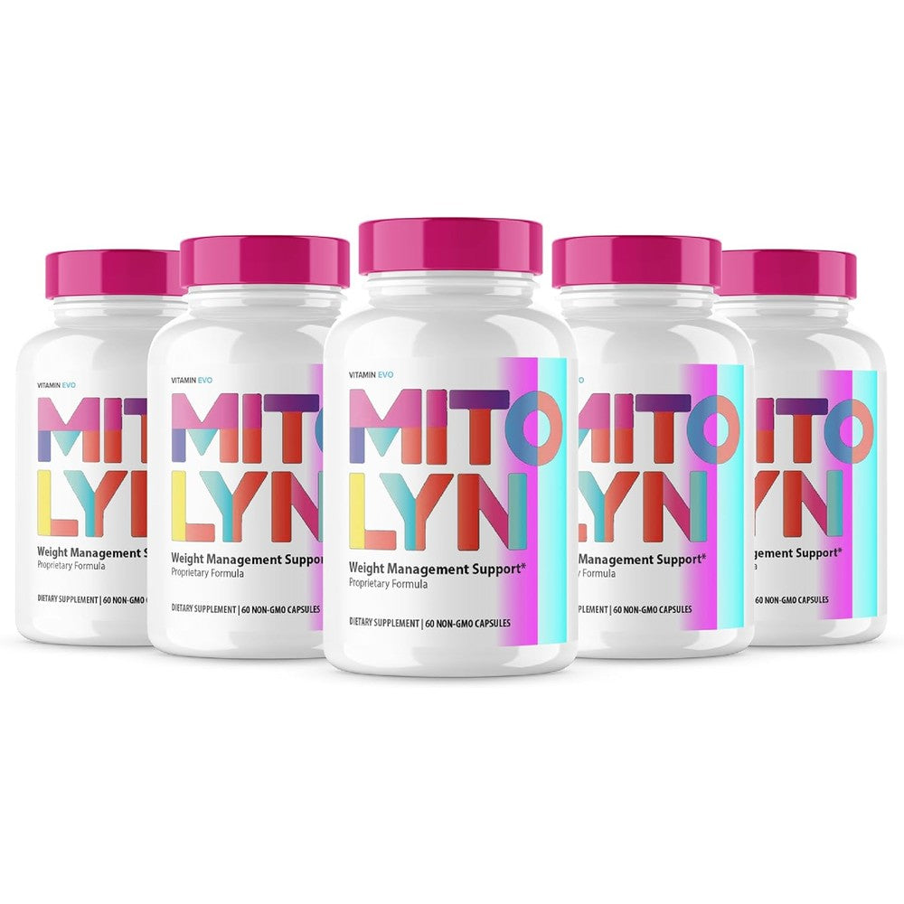 Vitamin Evo Mitolyn Capsules Advanced Keto Support Supplement five pack front view showing product packaging for metabolism and energy support.