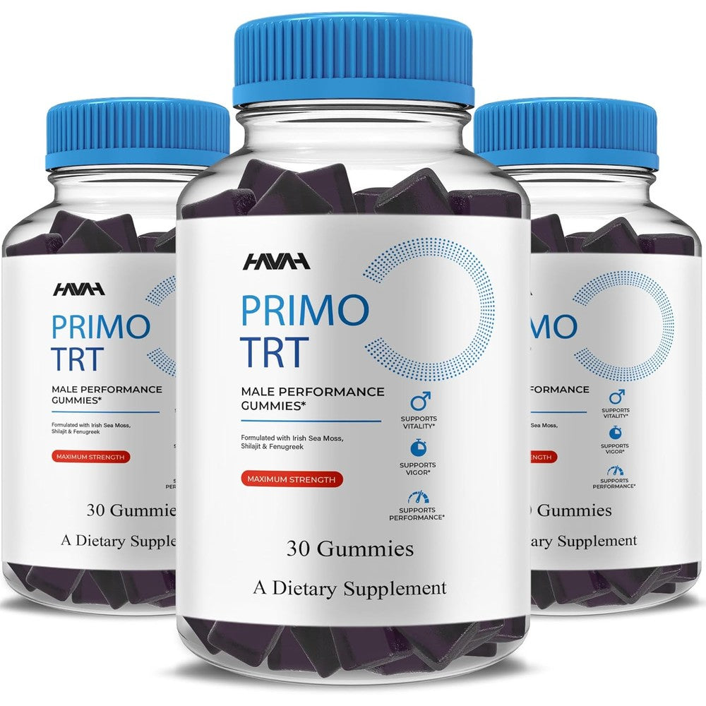 Havah Primo TRT Maximum Strength Shilajit Gummies three pack front view for male performance support.