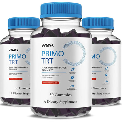 Havah Primo TRT Maximum Strength Shilajit Gummies three pack front view for male performance support.