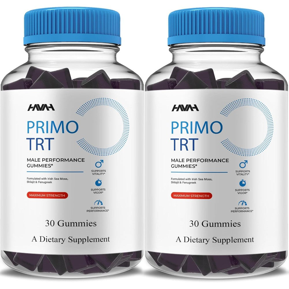 Vitaluxa Havah Primo TRT Performance Gummies front view of two pack bottles for male vitality support.