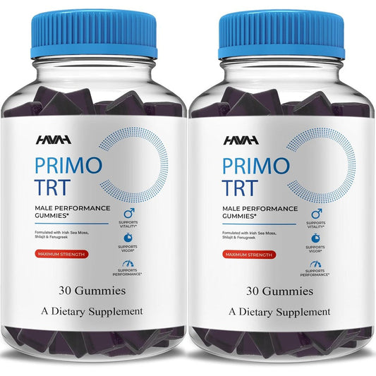 Vitaluxa Havah Primo TRT Performance Gummies front view of two pack bottles for male vitality support.