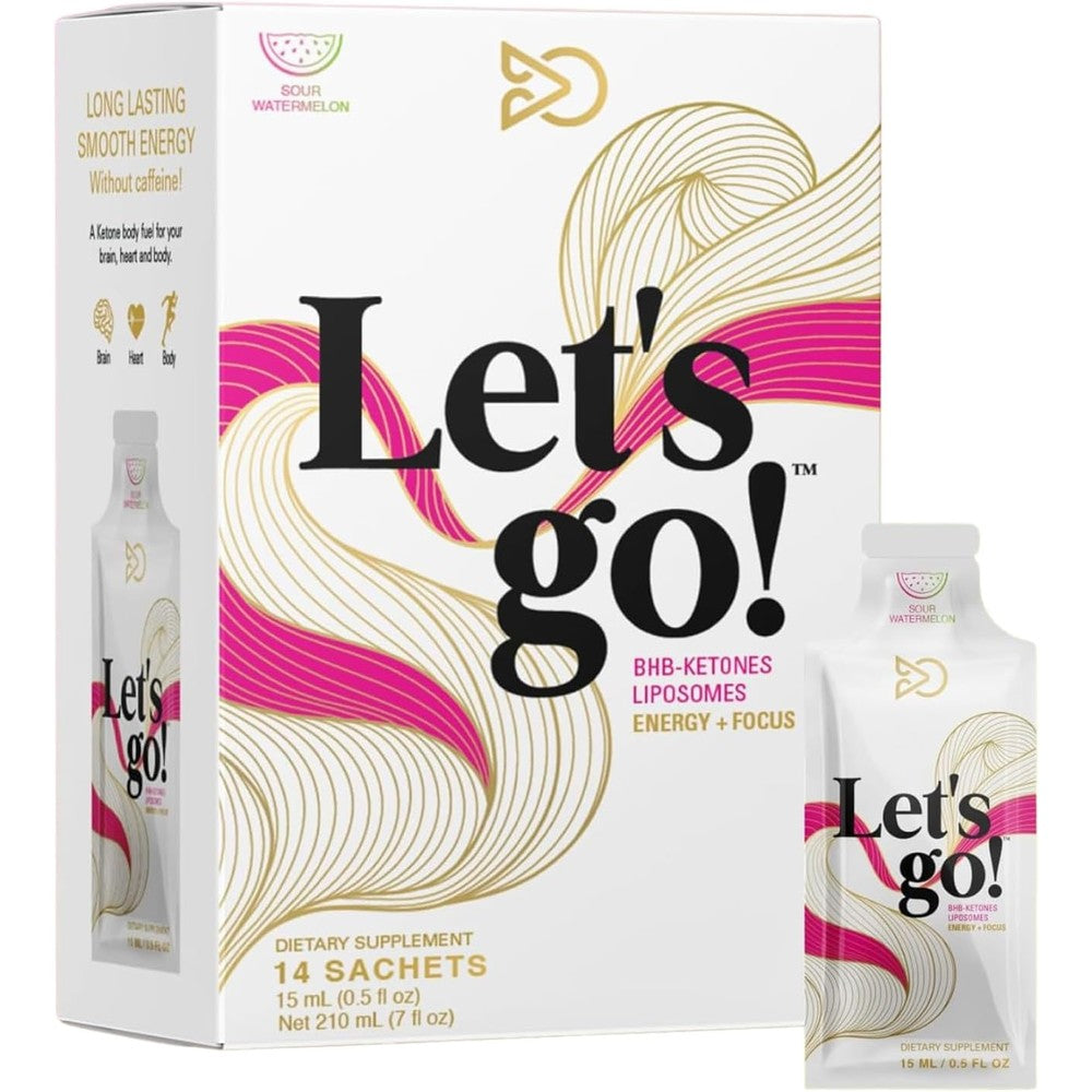 LET GO Sour Watermelon BHB Ketone Gel front view of packaging box showing 14 pack sachets.