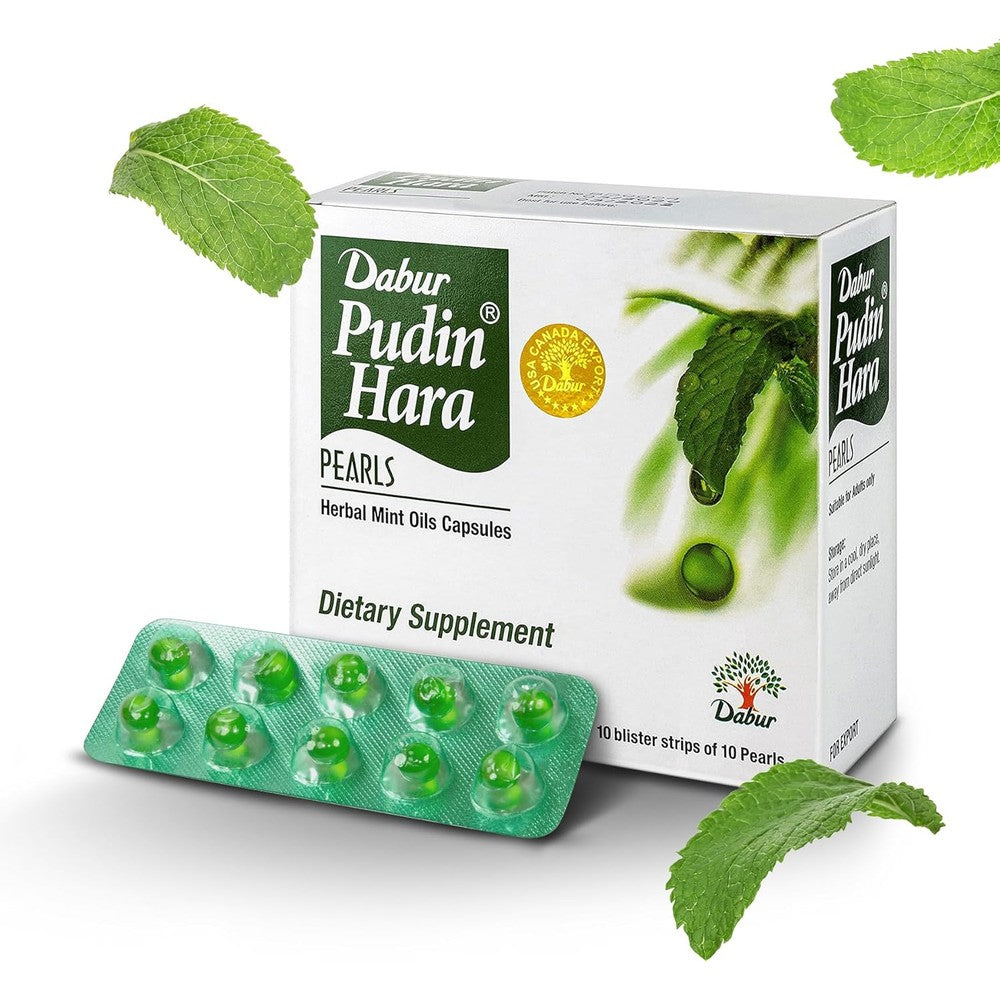 Dabur Pudin Hara Pearls front packaging showing herbal digestive capsules