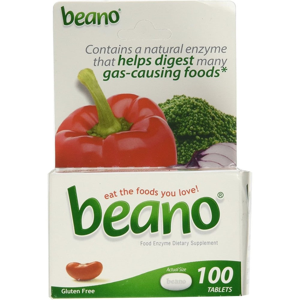 Beano Extra Strength Gas Prevention 100 Tablets front packaging view for bloating relief.