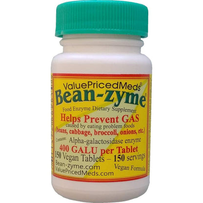 ValuePricedMeds Bean-Zyme Gas Relief front view bottle showing 150 vegan tablets for adult digestive health