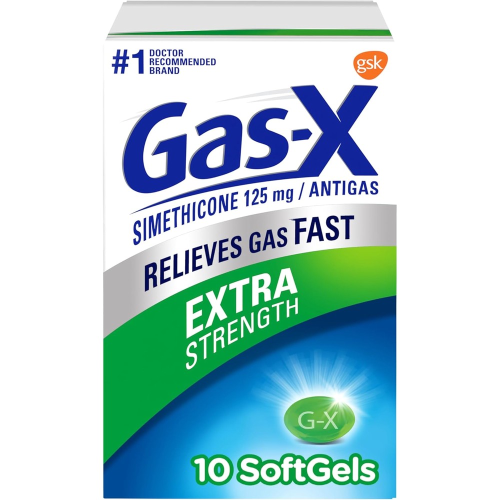 Gas-X Extra Strength Gas Relief Softgels 10 Count front package view showing simethicone content