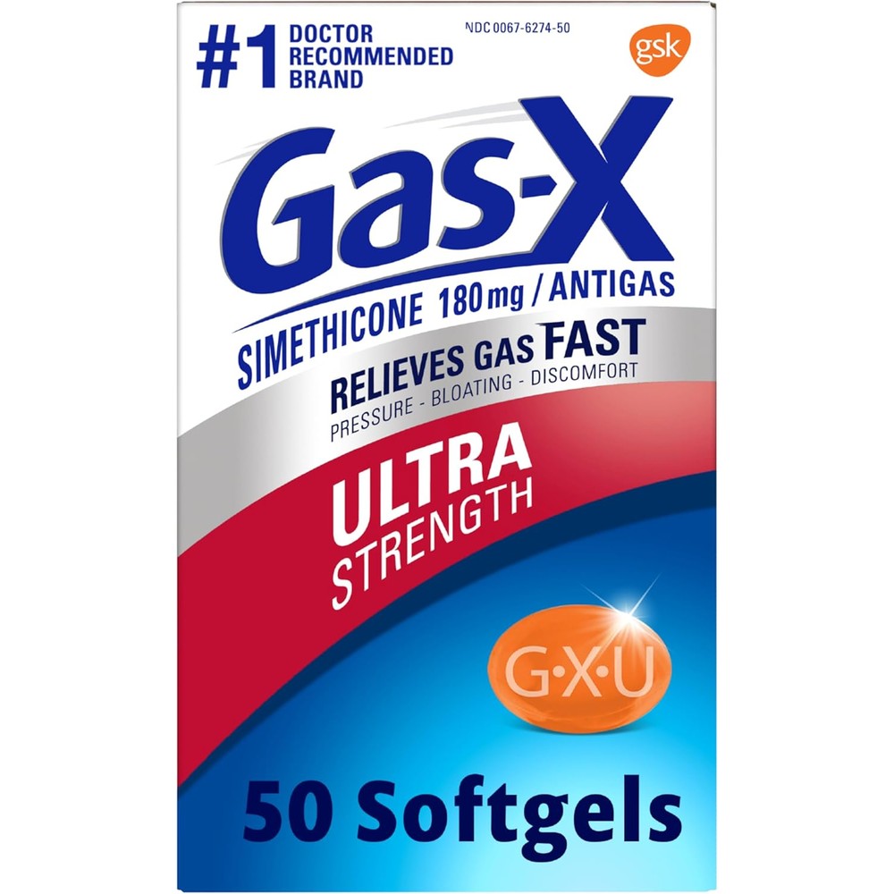 Gas-X Ultra Strength Gas Relief Softgels 50 Count front packaging view for bloating relief