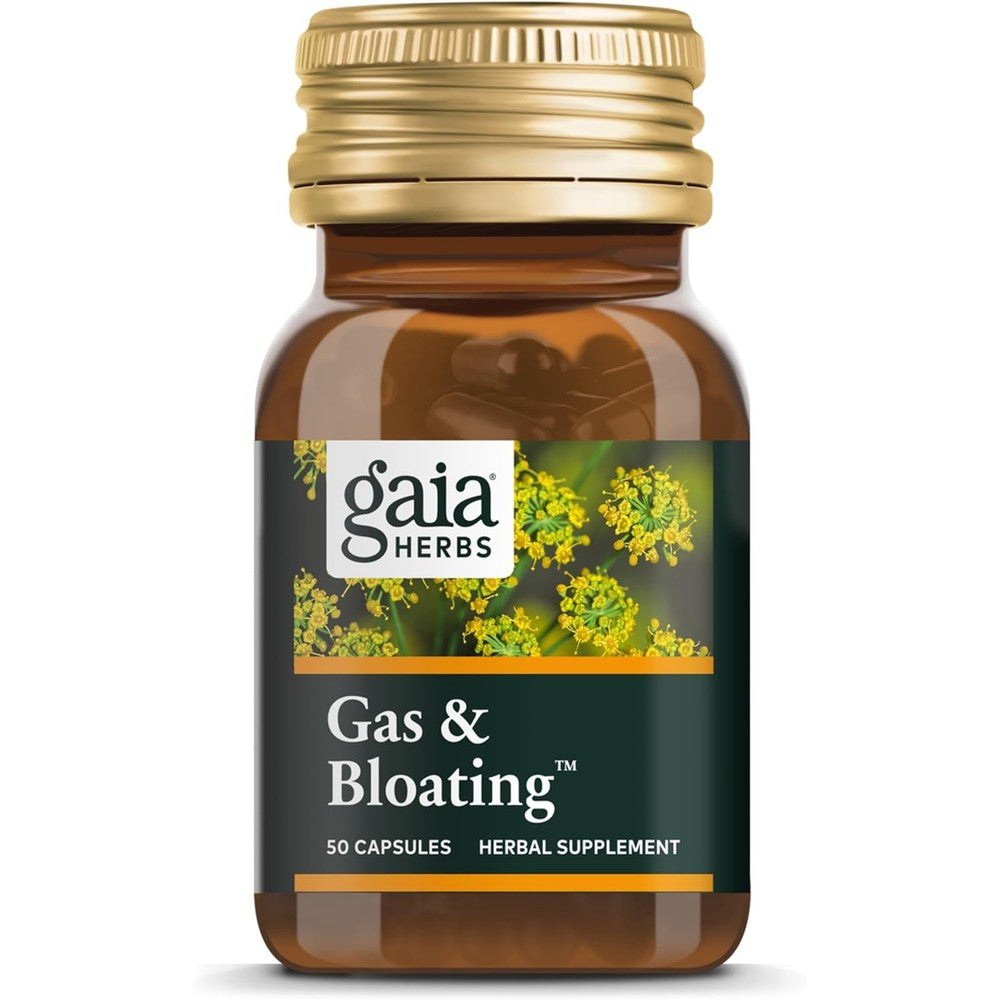 Gaia Herbs Gas And Bloating Relief 50 capsules front packaging view for digestive health.
