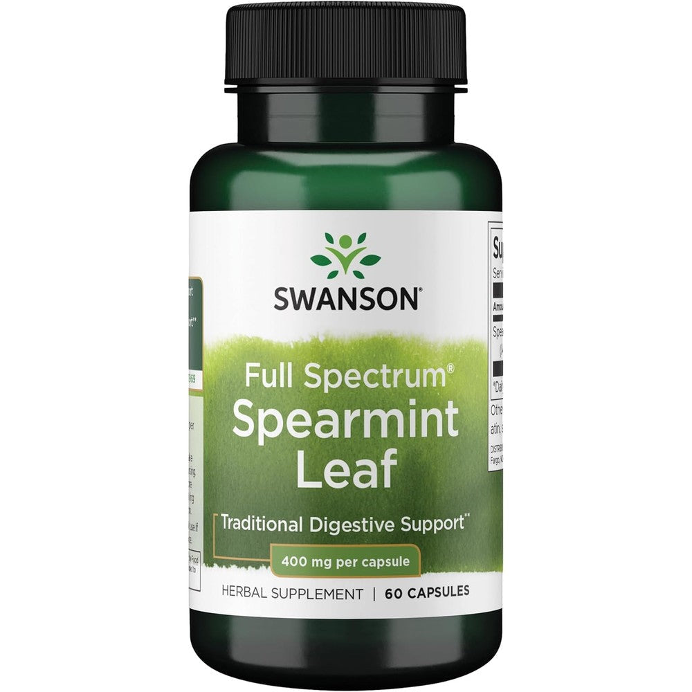 Swanson Full Spectrum Spearmint Leaf 400mg 60 capsules front view bottle showing authentic imported packaging labels.