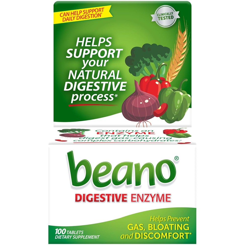 Beano Digestive Enzyme Preventive Gas Relief 100 Tablets front view showing packaging details.