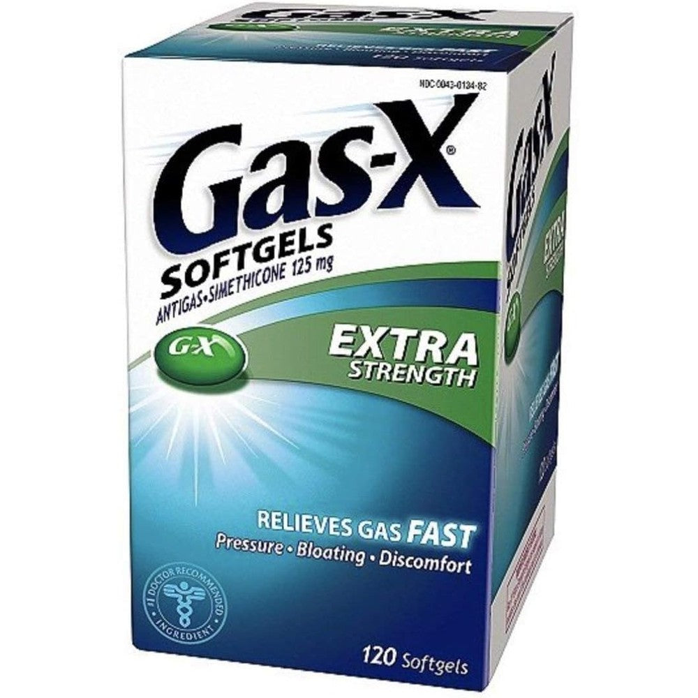 Gas-X Extra Strength 120 softgels front packaging for fast bloating relief.