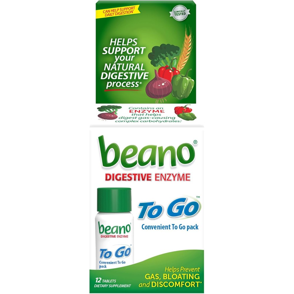 Beano To Go Gas Prevention 12 Tablets front view packaging for portable bloating relief