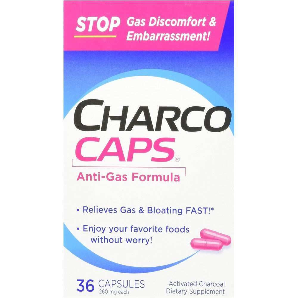 Charcocaps Anti Gas Dietary Supplement 36 Capsules front packaging showing activated charcoal gas relief benefits