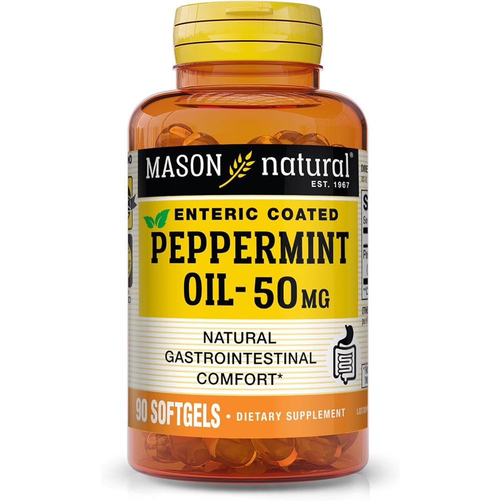 Mason Natural Peppermint Oil 50 mg softgels front bottle view for gastrointestinal support.